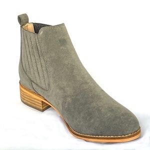 HEATHER GREY FAUX SUEDE SLIP ON ANKLE BOOTIE WITH PLEATED DETAIL AND WOOD HEEL